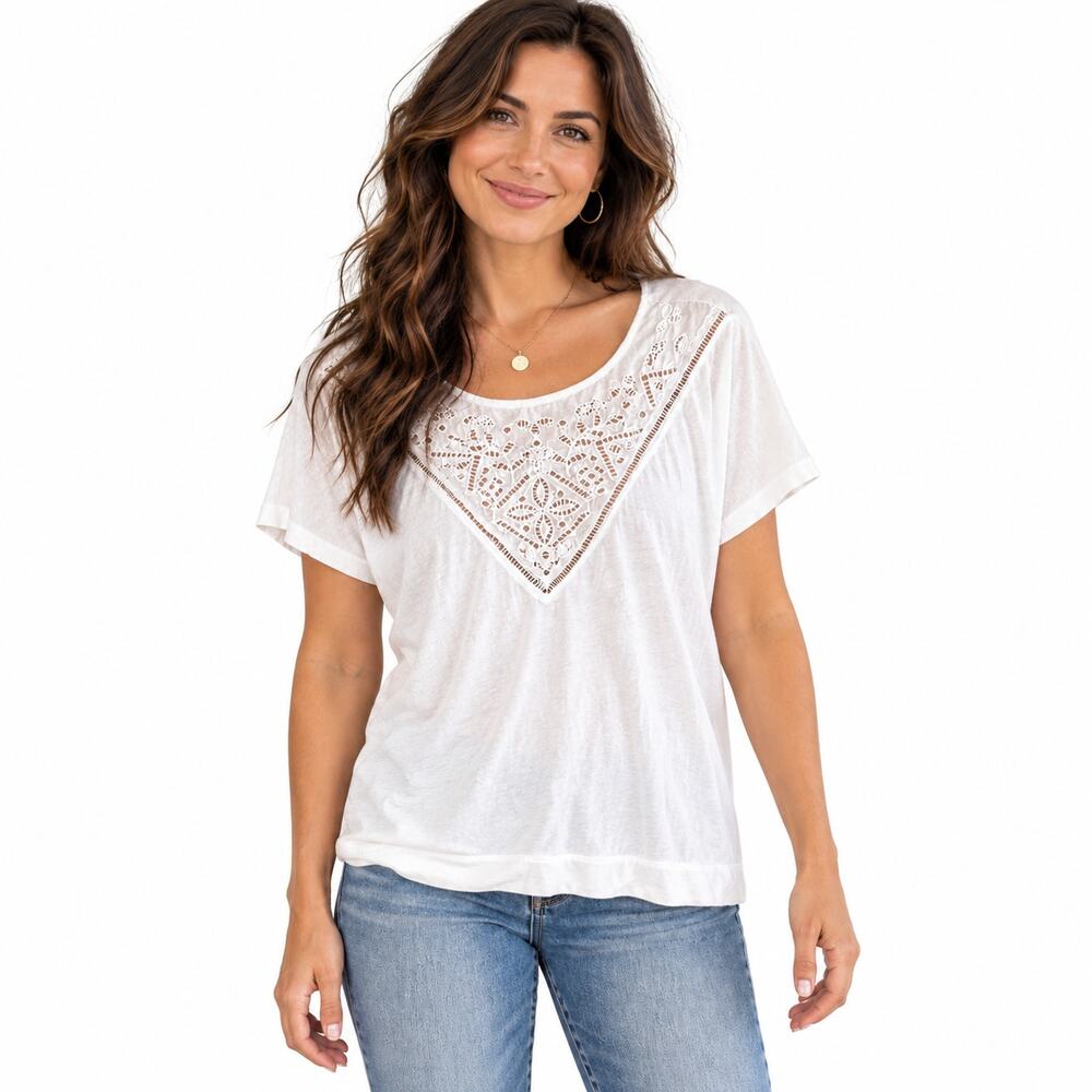 Lucky Brand Knit & Eyelet Top Womens Large White Embroidered Casual Boho Tee